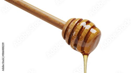 Wooden honey dipper with honey on transparent background
