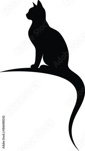 Elegant black cat silhouette sitting on a curved ledge featuring minimalist feline profile, long tail, and graceful pet animal icon.