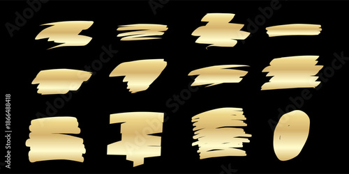 Gold Paint Brush Stroke Icon Bundle. Golden Vintage Decorative Element. Hand Drawn Ink Imperfect Symbol Set. Art Deco Style Element Collection.