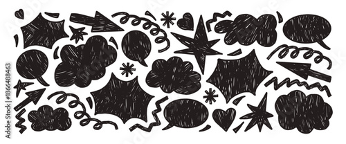 Speech bubbles, clouds, bang hand drawn doodle background. Freeform black scribble figures set. Arrow, stars, cloud, dialogue text box, heart scribbles. Vector abstract geometric illustration isolated