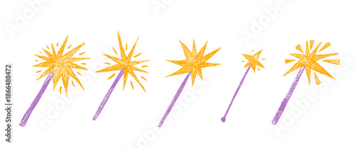 Crayon-drawn fairy wands with sparkles elements. Whimsical set of hand-sketched illustrations perfect for princess party designs, girly stickers, and fantasy backgrounds. Vector crayon Christmas.