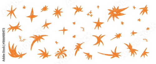 Pastel brush magic stars doodle set. Orange crayon twinkles spark set. Pencil scribble star collection. Kids paint blinks. Christmas simple shine decoration. Vector bling on transparent background.