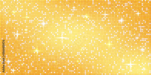 Yellow disco ball mosaic background with mirror glitter texture. Shiny warm orange tones sequin pattern. Festive golden dance floor. Glam gold sparkle Christmas celebration. Vector illustration.