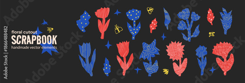 Tulip, camomile flower paper cutouts symbols. Daisy, poppy red and blue vibrant funky doodle line textures pattern stickers. Scrapbook summer naive torn elements. Vector scribble collage isolated.