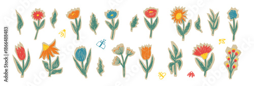 Flower paper scrapbook colorful pencil textured cutout. Floral shape, tulip torn papers pieces with crayon effect. Hand drawn red, blue cut out sticker. Vector craft tear wildflowers scribbles no bg.