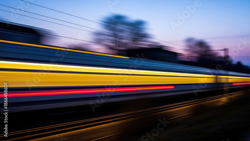 Blurred train with streaks of yellow, white, and red lights moving at dusk.