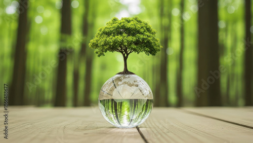 Green tree emerging from a water globe on a wooden surface.