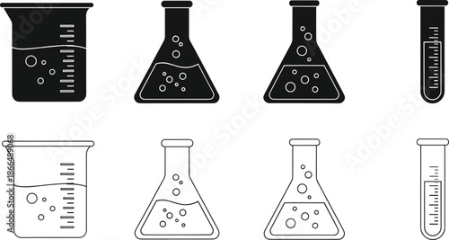 Laboratory glassware icons set with beaker, Erlenmeyer flask, and test tube in solid black and outline style for chemistry and science.