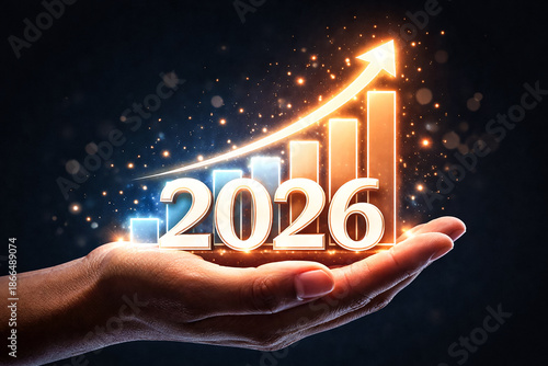 2026 rising growth concept with bar graph in hand