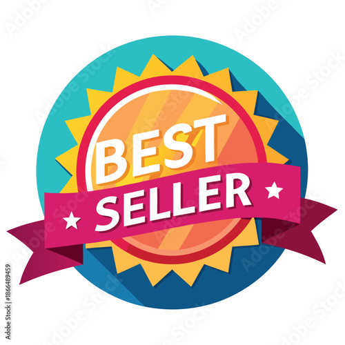 A colorful “Best Seller” badge with ribbons and stars in a modern flat design