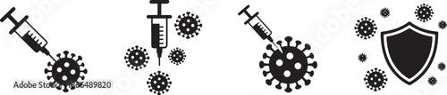 Black COVID19 virus icons with syringes and shield on white background