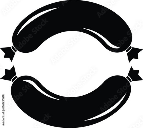 Sausage vector icon, black silhouette of curved meat bratwurst, food illustration for butcher shop, barbecue, grill menu, and meat production.