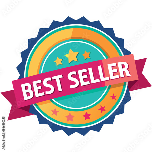 A colorful “Best Seller” badge with ribbons and stars in a modern flat design