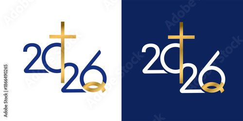 Jesus fish symbol inside a heart with Christian cross and yellow 2026 inscription. New Year 2026 Christianity symbol design. Religious faith vector for greeting cards, posters and spiritual designs.