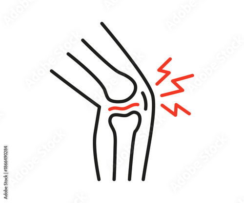 Knee joint pain with red lightning indicating discomfort line icon. Medical diagram for health issues, orthopedics, or physical therapy. Vector illustration