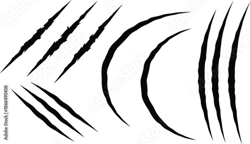 Black claw scratch marks vector set, torn slash and scratch effects collection, sharp animal claw damage shapes isolated on white background