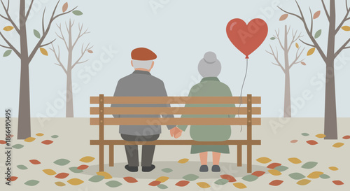 Elderly couple sitting on park bench holding hands with heart balloon.