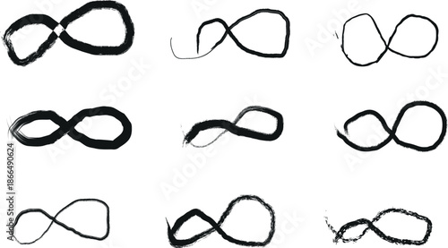 Collection of hand drawn infinity symbols with variations in style and continuity