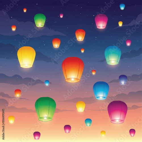 Colorful lanterns float across a twilight sky over distant hills and valleys.