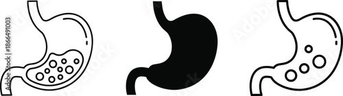 Human stomach icons set in outline and solid styles, black and white minimalist flat vector illustration for medical, healthcare, anatomy, and digestion concept design