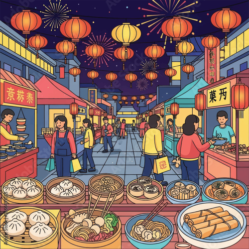 Bustling night market stalls with lanterns offering dumplings and snacks for eager shoppers.