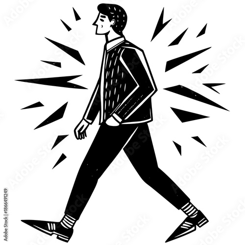 Confident Young Man Walking Forward Line Art Vector Illustration