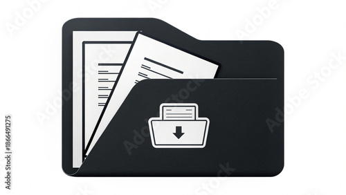 Photography Document archive folder icon with a download symbol, representing data organization, digital filing systems, and retrieving stored information in a workplace