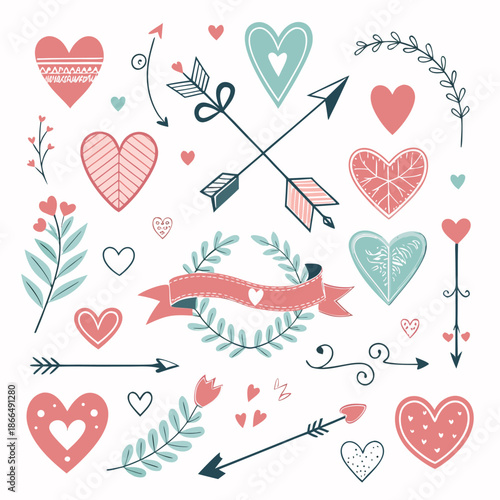 Pastel love symbol element set with teal and pink hearts