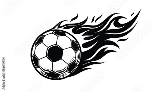 Flaming football ball vector illustration, soccerball with fire trail, football dynamic sports logo style design, football black and white silhouette, fast motion ball for sports branding and posters