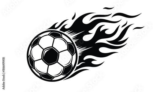 Flaming football ball vector illustration, soccerball with fire trail, football dynamic sports logo style design, football black and white silhouette, fast motion ball for sports branding and posters
