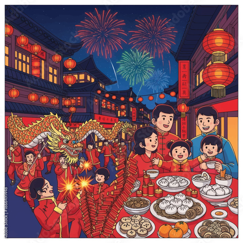 Vibrant Chinese New Year Street Celebration with Fireworks, Lanterns, and Feasts.
