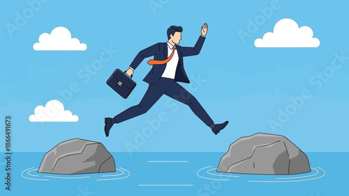 Businessman Leaps Between Rocks Over the Ocean With Briefcase, Symbolizing Courage and Opportunity