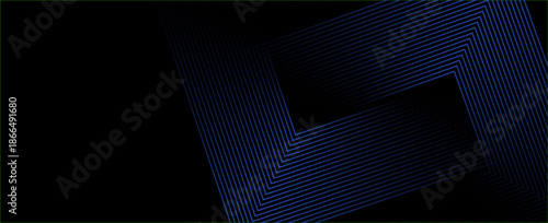 Abstract elegant black background with shiny dark blue geometric lines. Modern green diagonal rounded lines pattern.Horizontal banner template. Suitable for covers, posters, presentations, eps 10