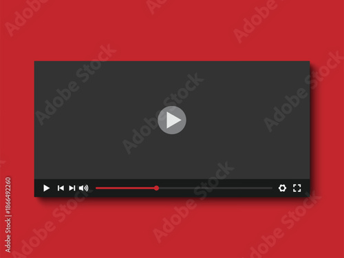 A blurry video player interface on a red background with a play button