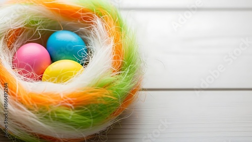 Colorful easter eggs in a nest on a white wooden background, pastel colors, soft lighting