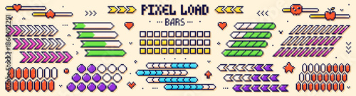 Pixel game bars. 8 bit loading color scales in different shapes.