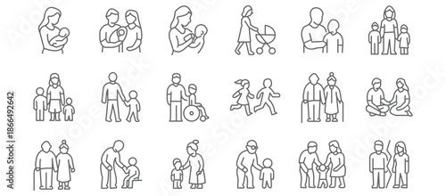 Family and parenting line icon set. Vector pictograms of couples, single parents, children, elderly, baby, newborn, teenager thin linear illustration.