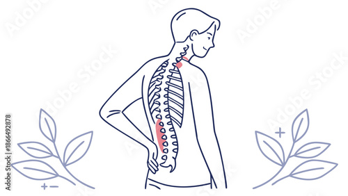 “Back pain human spine SVG illustration, minimal line art, medical infographic style”
