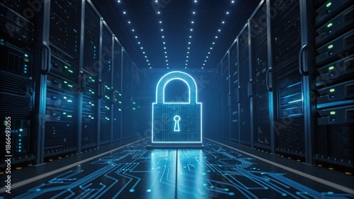 Quantum Cryptography Digital lock symbolizing cybersecurity in a server room with glowing circuits and high-tech ambiance.