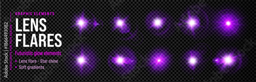 Lens flare light purple with sparkle effect ray and background glow flash burst. Camera shine star with sun glare spark explosion and spotlight bright radiance.