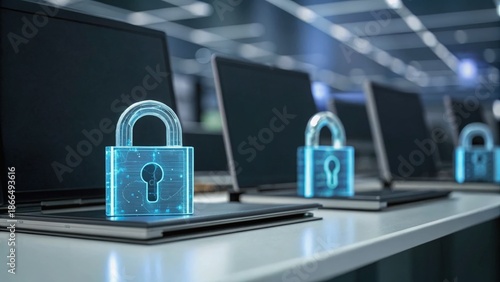 Quantum Cryptography Digital locks on laptops symbolize cybersecurity and data protection in a tech environment.