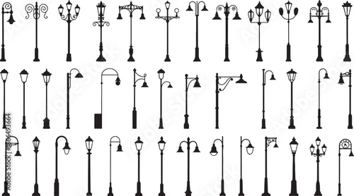 collection of various street lamps and light posts in different designs and styles