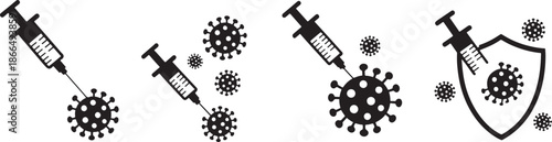 Coronavirus vaccine concept with syringes injecting into virus cells and shield symbol
