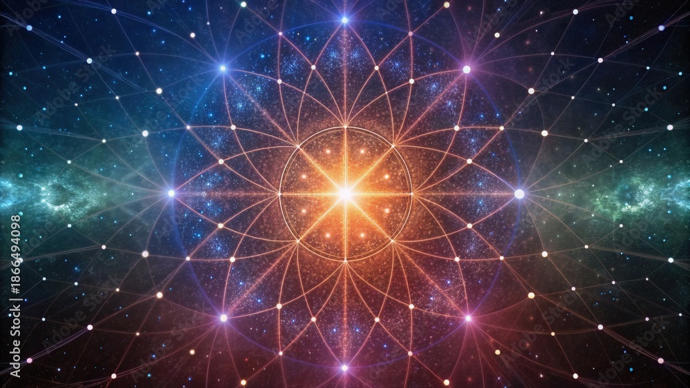 Fototapeta premium Quantum Cryptography Vibrant cosmic pattern with radiating lines and star-like nodes against a dark background.