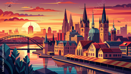 Very beautiful sunset cityscape of Cologne, Germany, with the Rhine River flowing through the skyline, creating a dramatic and romantic atmosphere in western Germany’s vibrant urban heart.