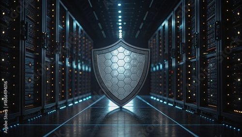 Quantum Cryptography A futuristic server room featuring a prominent shield symbolizing security and protection.