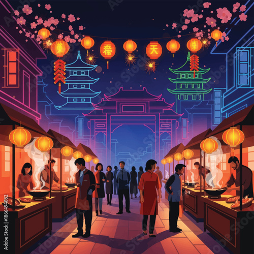 Vibrant night market stroll along lantern-lit stalls and temple silhouettes in a bustling urban avenue at dusk.
