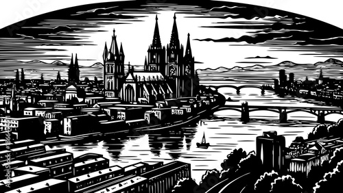 Very beautiful sunset cityscape of Cologne, Germany, with the Rhine River flowing through the skyline, creating a dramatic and romantic atmosphere in western Germany’s vibrant urban heart.