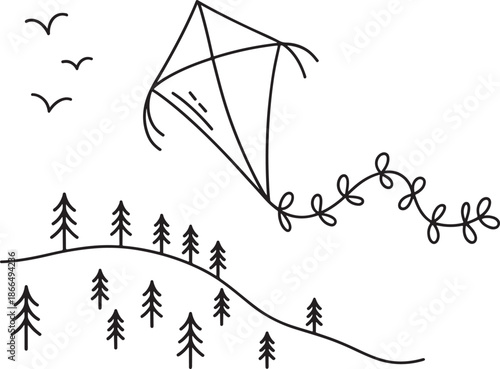 kite flying over trees and birds in the sky on a windy day outdoors