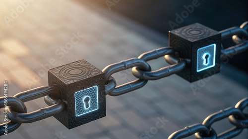 Quantum Cryptography Close-up of a chain with decorative lock designs against a softly blurred background.